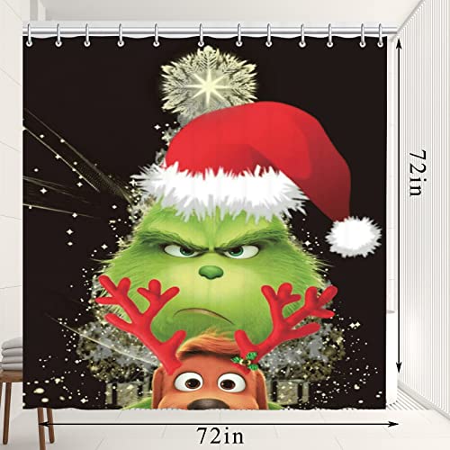 4Pcs Christmas Elk Grinch Shower Curtain Set with Non-Slip Rugs,Bath Mat and Toilet Lid Cover for Bathroom Weighted Lead Hem Polyester,New Year Xmas Winter Holiday Decor with 12 Hooks 72x72 in(50)