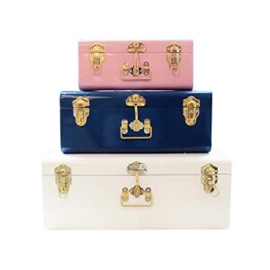 american atelier trunks| set of 3| pink, blue, and white| vintage style storage with gold finish hardware| space saving organizer| use in home, dorm, and office