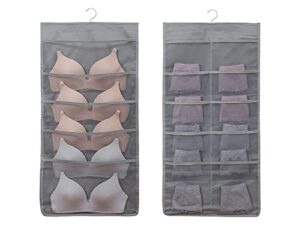 dual sided wall closet hanging organizer storage with 5+10/12+18 mesh pockets for underwear bra underpants socks with metal hook wardrobe storage bags oxford cloth space saver (grey 5+10 2 pack)