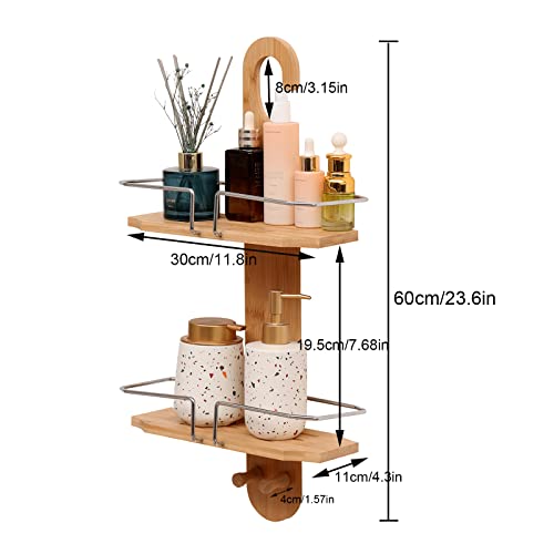 VNSHQAE Bathroom Bamboo Shower Caddy,Hanging Shower Rack Organizer,Shower Holder for Shampoo and Soap,Eco Friendly Over The Shower Head Rust Proof Shower Storage Hanging