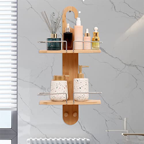 VNSHQAE Bathroom Bamboo Shower Caddy,Hanging Shower Rack Organizer,Shower Holder for Shampoo and Soap,Eco Friendly Over The Shower Head Rust Proof Shower Storage Hanging