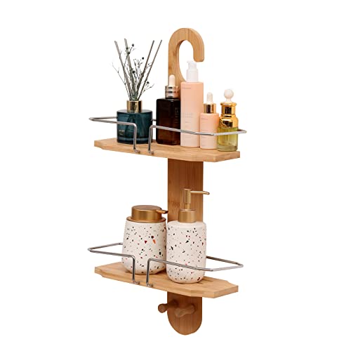 VNSHQAE Bathroom Bamboo Shower Caddy,Hanging Shower Rack Organizer,Shower Holder for Shampoo and Soap,Eco Friendly Over The Shower Head Rust Proof Shower Storage Hanging