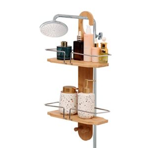 VNSHQAE Bathroom Bamboo Shower Caddy,Hanging Shower Rack Organizer,Shower Holder for Shampoo and Soap,Eco Friendly Over The Shower Head Rust Proof Shower Storage Hanging