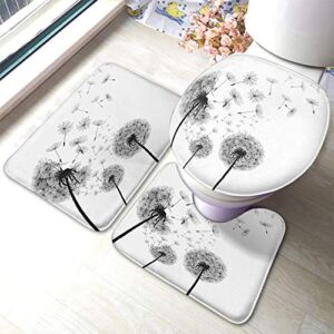 hosnye dandelion bathroom rugs and mats sets 3 piece black and white bath mat u-shaped contour shower mat non slip toilet lid cover
