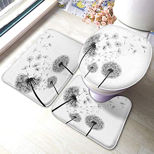 HOSNYE Dandelion Bathroom Rugs and Mats Sets 3 Piece Black and White Bath Mat U-Shaped Contour Shower Mat Non Slip Toilet Lid Cover