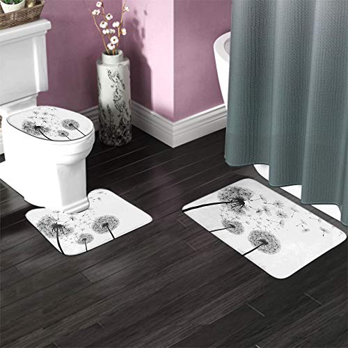 HOSNYE Dandelion Bathroom Rugs and Mats Sets 3 Piece Black and White Bath Mat U-Shaped Contour Shower Mat Non Slip Toilet Lid Cover