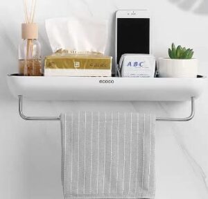 floating bathroom organizer - wall mounted shower caddy shelf - with towel rail - extra strong self adhesive - no drilling - easy drainage - rustproof. (white/black)