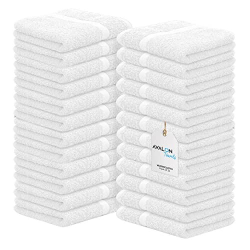 Avalon Towels Cotton Washcloths – (Pack of 24) Size 12x12 Inches Premium Ring Spun Cotton, Super Absorbent Soft Face Towels, Gym Towels, Hotel Spa Quality, Reusable Multipurpose Towels (White)