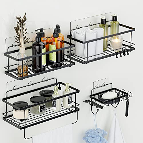 Yuthsona 4-Pack Shower Caddy, Adhesive Shower Shelves for Bathroom Organizer, Stainless Steel Shower Storage Basket with Removable Towel Rack & Hooks, Wall Mounted Shelve Soap Dish Holder for Bathroom