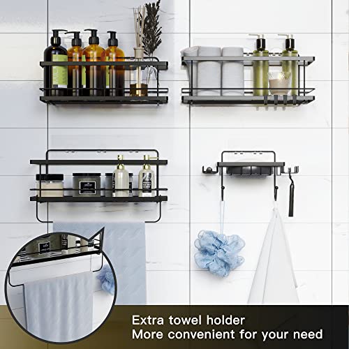 Yuthsona 4-Pack Shower Caddy, Adhesive Shower Shelves for Bathroom Organizer, Stainless Steel Shower Storage Basket with Removable Towel Rack & Hooks, Wall Mounted Shelve Soap Dish Holder for Bathroom