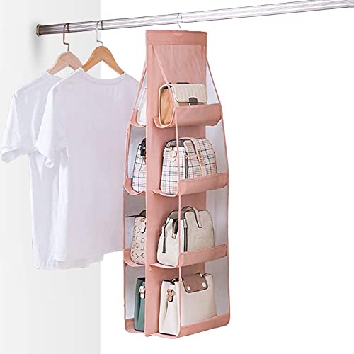 Hanging Bag-Cloth Dual Sided Hanging Storage Bags for Bags, with 360° Rotating Metal Hanger (Pink(8 Grids))