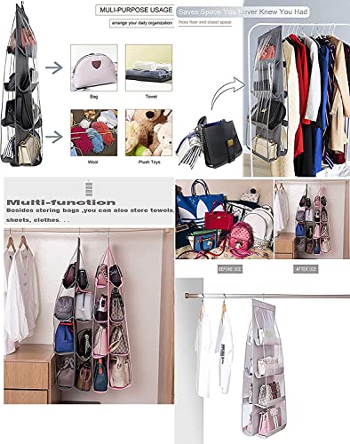 Hanging Bag-Cloth Dual Sided Hanging Storage Bags for Bags, with 360° Rotating Metal Hanger (Pink(8 Grids))