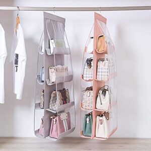 Hanging Bag-Cloth Dual Sided Hanging Storage Bags for Bags, with 360° Rotating Metal Hanger (Pink(8 Grids))