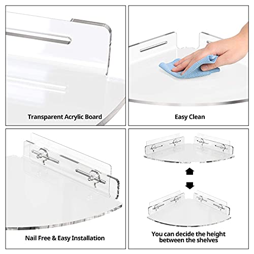 GeekDigg Bathroom Shelf with Towel bar, Wall Mounted Glass Shower Rack 15.2 by 4.5 inches 2 Pack Corner Shower Caddy, Transparent Acrylic Shelf