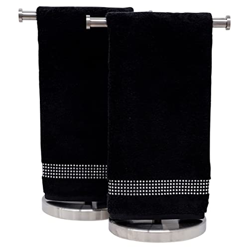 Sparkles Home Rhinestone Hand Towel with Stripe, Set of 2 - Black