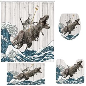 boziqr funny cat shower curtain set - cute cat riding dinosaur, ocean wave bath mat, contour mat, toilet lid cover