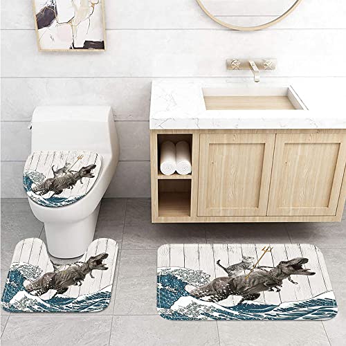 Boziqr Funny Cat Shower Curtain Set - Cute Cat Riding Dinosaur, Ocean Wave Bath Mat, Contour Mat, Toilet Lid Cover