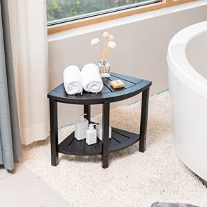 Forevich Shower Corner Bamboo Bench with Shelf, Corner Seat Shower Stool for Inside Shower Black