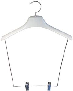 petite white plastic display hanger with 12" drop bar & clips in 15" length x 1 1/2" thick with chrome hardware, 1 hanger