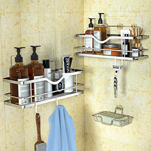 JOLALIA Shower Caddy Shelf with Adhesives, Shower Shelves Adhesive 4 Hooks, Bathroom Shelf Organizer for Wall with Soap Dish Holder, Stainless Steel Bathroom Shower Storage for Bathtub Shampoo -3 Pack