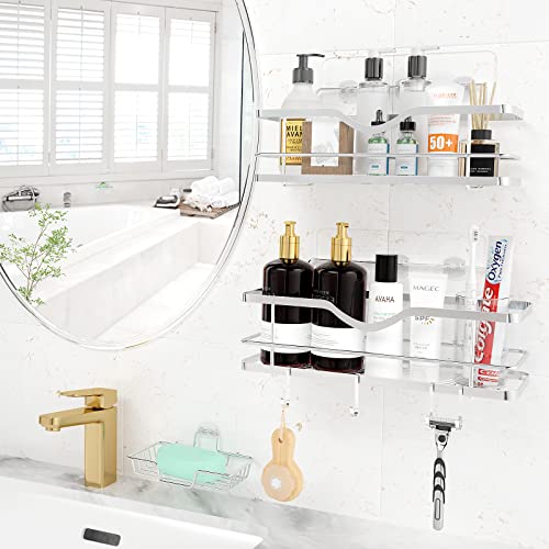 JOLALIA Shower Caddy Shelf with Adhesives, Shower Shelves Adhesive 4 Hooks, Bathroom Shelf Organizer for Wall with Soap Dish Holder, Stainless Steel Bathroom Shower Storage for Bathtub Shampoo -3 Pack