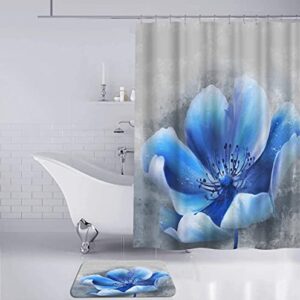 DuoBaorom 4 Pieces Set Blue Flower Shower Curtain Set Elegant Floral Picture Print on Non-Slip Rugs Toilet Lid Cover Bath Mat and Bathroom Curtain with 12 Hooks 72x72inch