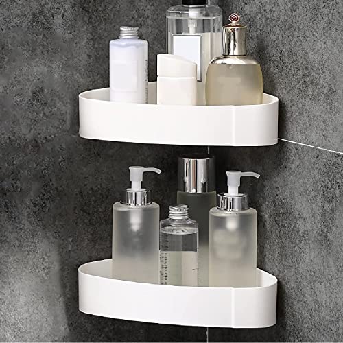 Fineget Corner Shower Caddy Plastic Adhesive Basket for Wall Bathroom Kitchen Bathtub Rustproof Inside Removable No Drilling Space Saving Shower Shelves Storage Organizer Quick Dry White 2 Pack