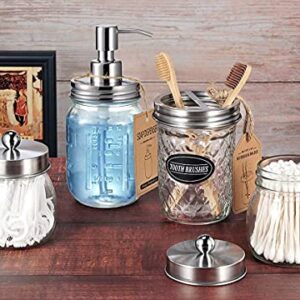 Amolliar 4PCS & 2pcs Brushed Nickel Mason Jar Bathroom Accessories Set-3 pcs Lotion Soap Dispenser & 2 pcs Cotton Swab Holder &1pcs Toothbrush Holder,Waterproof Stickers,Rustic Farmhouse Decor