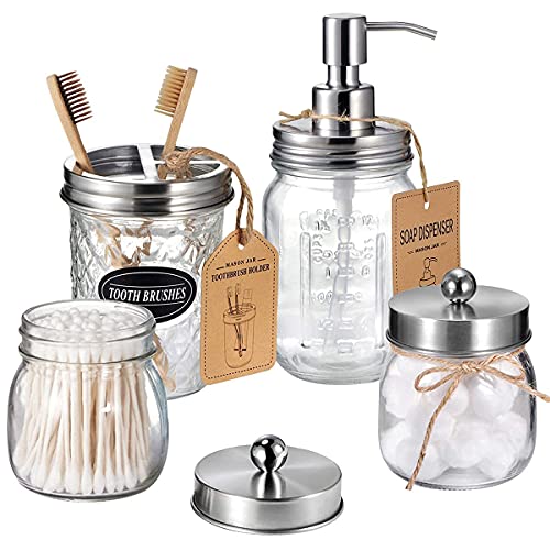 Amolliar 4PCS & 2pcs Brushed Nickel Mason Jar Bathroom Accessories Set-3 pcs Lotion Soap Dispenser & 2 pcs Cotton Swab Holder &1pcs Toothbrush Holder,Waterproof Stickers,Rustic Farmhouse Decor