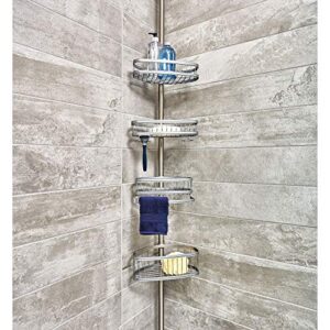 iDesign York Metal Wire Tension Rod Corner Shower Caddy, Adjustable 5'-9' Pole and Baskets for Shampoo, Conditioner, Soap with Hooks for Razors, Towels, Silver