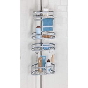 iDesign York Metal Wire Tension Rod Corner Shower Caddy, Adjustable 5'-9' Pole and Baskets for Shampoo, Conditioner, Soap with Hooks for Razors, Towels, Silver