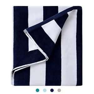 luluhome plush oversized beach towel - fluffy cotton thick 36 x 70 inch navy blue striped pool towels, large summer cabana swimming towel for adults
