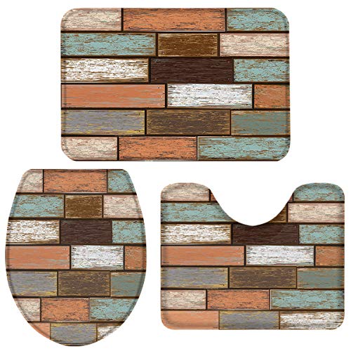 3 Piece Bath Rugs Sets Retro Wood Grain Non Slip Bathroom Carpet Multicolor Old Board Absorbent U-Shaped Toilet Mat, Toilet Lid Cover