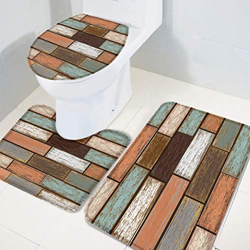 3 Piece Bath Rugs Sets Retro Wood Grain Non Slip Bathroom Carpet Multicolor Old Board Absorbent U-Shaped Toilet Mat, Toilet Lid Cover