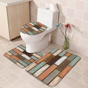 3 Piece Bath Rugs Sets Retro Wood Grain Non Slip Bathroom Carpet Multicolor Old Board Absorbent U-Shaped Toilet Mat, Toilet Lid Cover