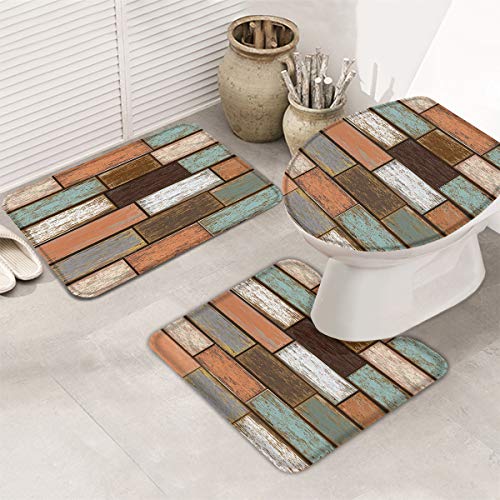 3 Piece Bath Rugs Sets Retro Wood Grain Non Slip Bathroom Carpet Multicolor Old Board Absorbent U-Shaped Toilet Mat, Toilet Lid Cover