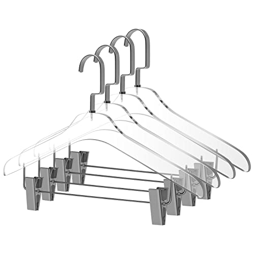 Quality Clear Acrylic Skirt Pant Hangers with Clips – 4 Pack, Stylish Clothes Hanger with Silver Hooks - Coat Hanger for Dress, Suit - Closet Organizer Adult Hangers - Cloth Hangers (Silver Hook, 4)