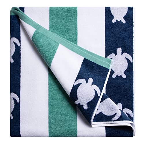 cabanana Plush Oversized Beach Towel - Cotton Fluffy 35 x 70 Inch Feldspar Blue Jacquard Turtle Striped Pool Towel, Large Summer Swim Cabana Towel