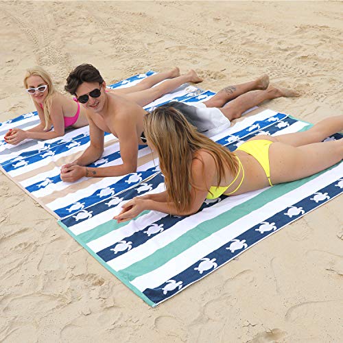 cabanana Plush Oversized Beach Towel - Cotton Fluffy 35 x 70 Inch Feldspar Blue Jacquard Turtle Striped Pool Towel, Large Summer Swim Cabana Towel