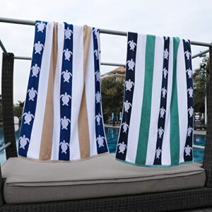 cabanana Plush Oversized Beach Towel - Cotton Fluffy 35 x 70 Inch Feldspar Blue Jacquard Turtle Striped Pool Towel, Large Summer Swim Cabana Towel