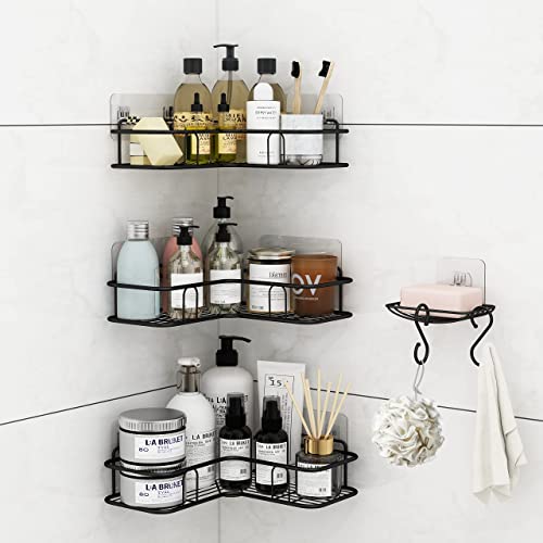 TOVE KNIGHTY Shower Caddy, 4-PCS Corner Shower Shelves, Bathroom organizer Rustproof Shower Basket with Soap Dish and Hooks, No Drilling Adhesive Storage Organizer for Bath, Toilet, Kitchen and Dorm