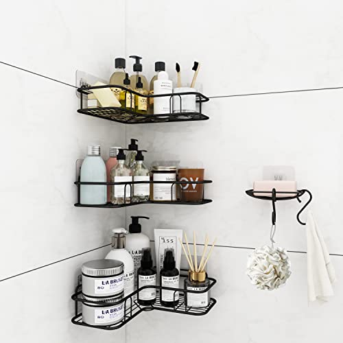 TOVE KNIGHTY Shower Caddy, 4-PCS Corner Shower Shelves, Bathroom organizer Rustproof Shower Basket with Soap Dish and Hooks, No Drilling Adhesive Storage Organizer for Bath, Toilet, Kitchen and Dorm