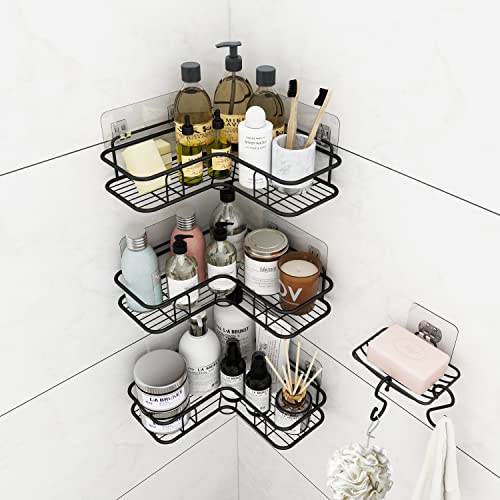 TOVE KNIGHTY Shower Caddy, 4-PCS Corner Shower Shelves, Bathroom organizer Rustproof Shower Basket with Soap Dish and Hooks, No Drilling Adhesive Storage Organizer for Bath, Toilet, Kitchen and Dorm