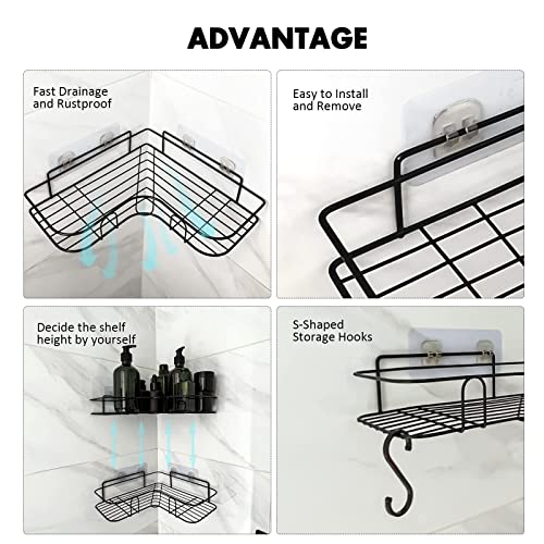 TOVE KNIGHTY Shower Caddy, 4-PCS Corner Shower Shelves, Bathroom organizer Rustproof Shower Basket with Soap Dish and Hooks, No Drilling Adhesive Storage Organizer for Bath, Toilet, Kitchen and Dorm