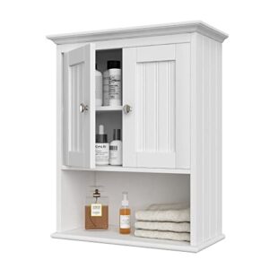 treocho wood wall cabinet, bathroom medicine cabinet storage with doors and adjustable shelf, rustic cabinet wall mounted for bathroom, livingroom, kitchen, cupboard, white