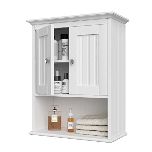 Treocho Wood Wall Cabinet, Bathroom Medicine Cabinet Storage with Doors and Adjustable Shelf, Rustic Cabinet Wall Mounted for Bathroom, Livingroom, Kitchen, Cupboard, White