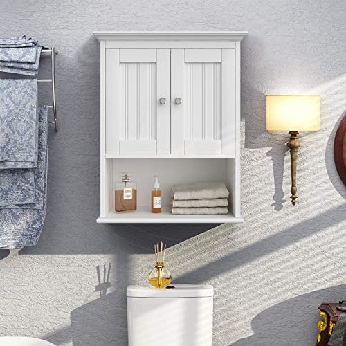 Treocho Wood Wall Cabinet, Bathroom Medicine Cabinet Storage with Doors and Adjustable Shelf, Rustic Cabinet Wall Mounted for Bathroom, Livingroom, Kitchen, Cupboard, White