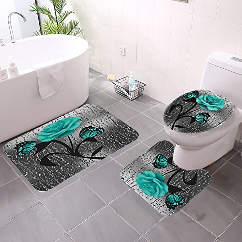 Bathroom Rugs and Mats Sets, Teal Rose Bath Mat, 3 Piece Floral Bath Rug Set, Ultra Soft Absorbent Shaggy Non-Slip Grey Bathroom Mats Bathroom Rug U Shape Toilet Mat Contour Bath Rug for Bathroom