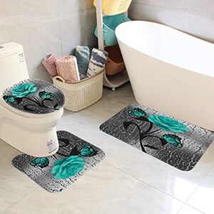 Bathroom Rugs and Mats Sets, Teal Rose Bath Mat, 3 Piece Floral Bath Rug Set, Ultra Soft Absorbent Shaggy Non-Slip Grey Bathroom Mats Bathroom Rug U Shape Toilet Mat Contour Bath Rug for Bathroom