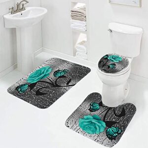 Bathroom Rugs and Mats Sets, Teal Rose Bath Mat, 3 Piece Floral Bath Rug Set, Ultra Soft Absorbent Shaggy Non-Slip Grey Bathroom Mats Bathroom Rug U Shape Toilet Mat Contour Bath Rug for Bathroom